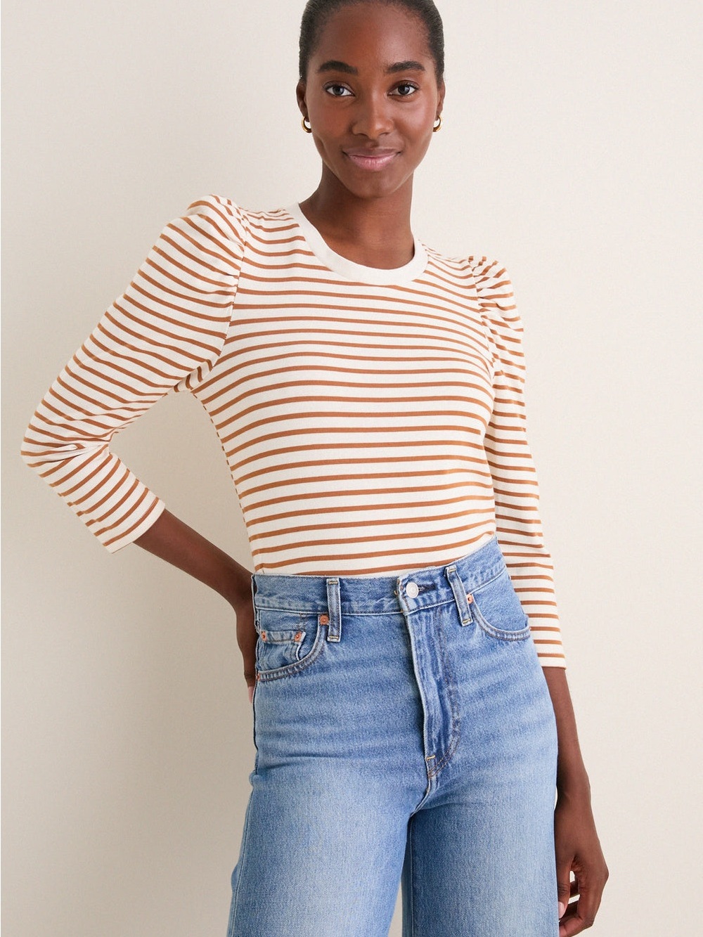 Pomander Place x Tuckernuck Cream and Brown Striped Puff-Sleeve Crewneck Top